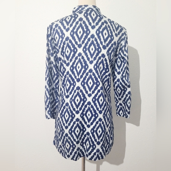 Woman's Brooks Brothers Blue Ikat Tunic Blouse 100% Cotton Size Small 3/4 Sleeve - Picture 5 of 12
